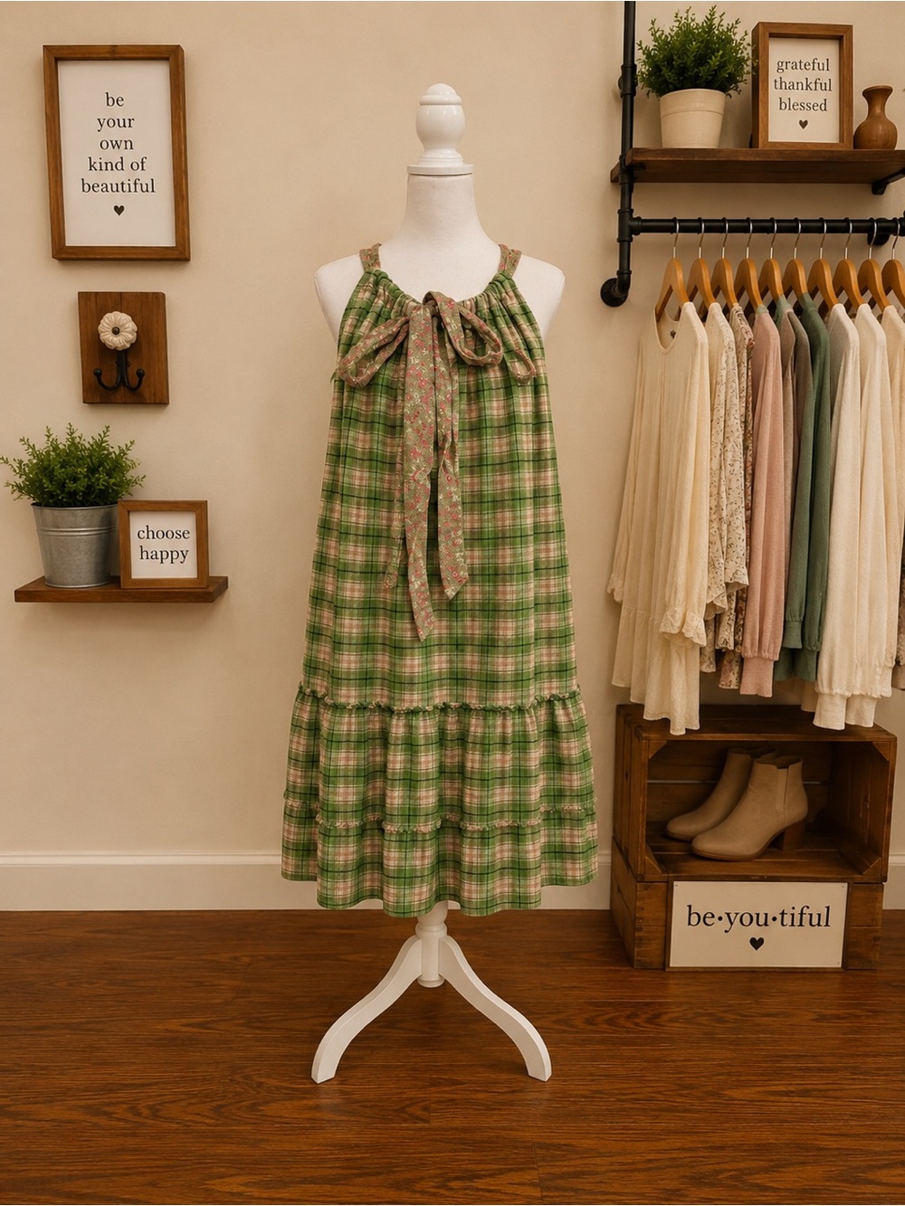 Miss Rose Sister Violet M/L Green Plaid Ruffle Cotton Dress Tunic